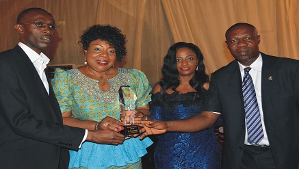 (L-r): Chisom Obiande, head, Strategy and Planning, Dr. Rogers Fola, secretary general to the Hon. Counsel of the Republic of Djidouti, Olalade Dawodu, manager, Corporate Affairs/marketing, SIFAX Group and Basil Agboarumi, general manager, Corporate Communications (SAHCOL) at maiden Leadership Awards for African Achievers (LAFAA 2014).